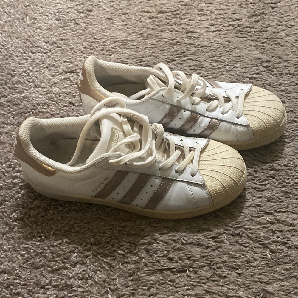 White adidas, rose gold stripes size 6 1/2